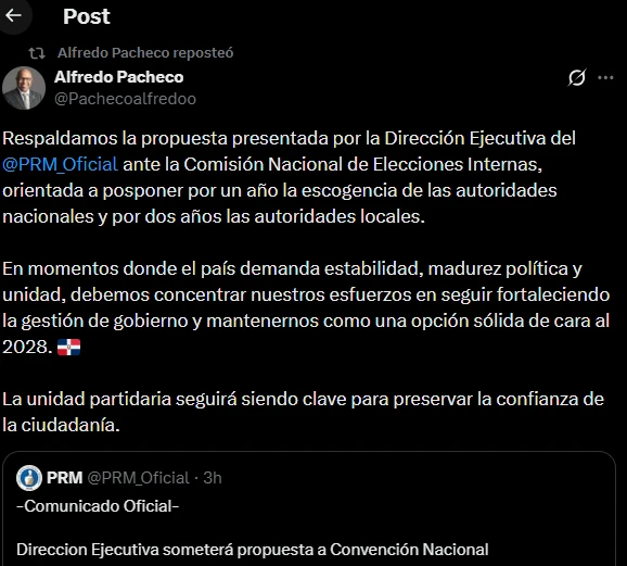 Alfredo Pacheco respalda propuesta del PRM para aplazar elección de autoridades internas